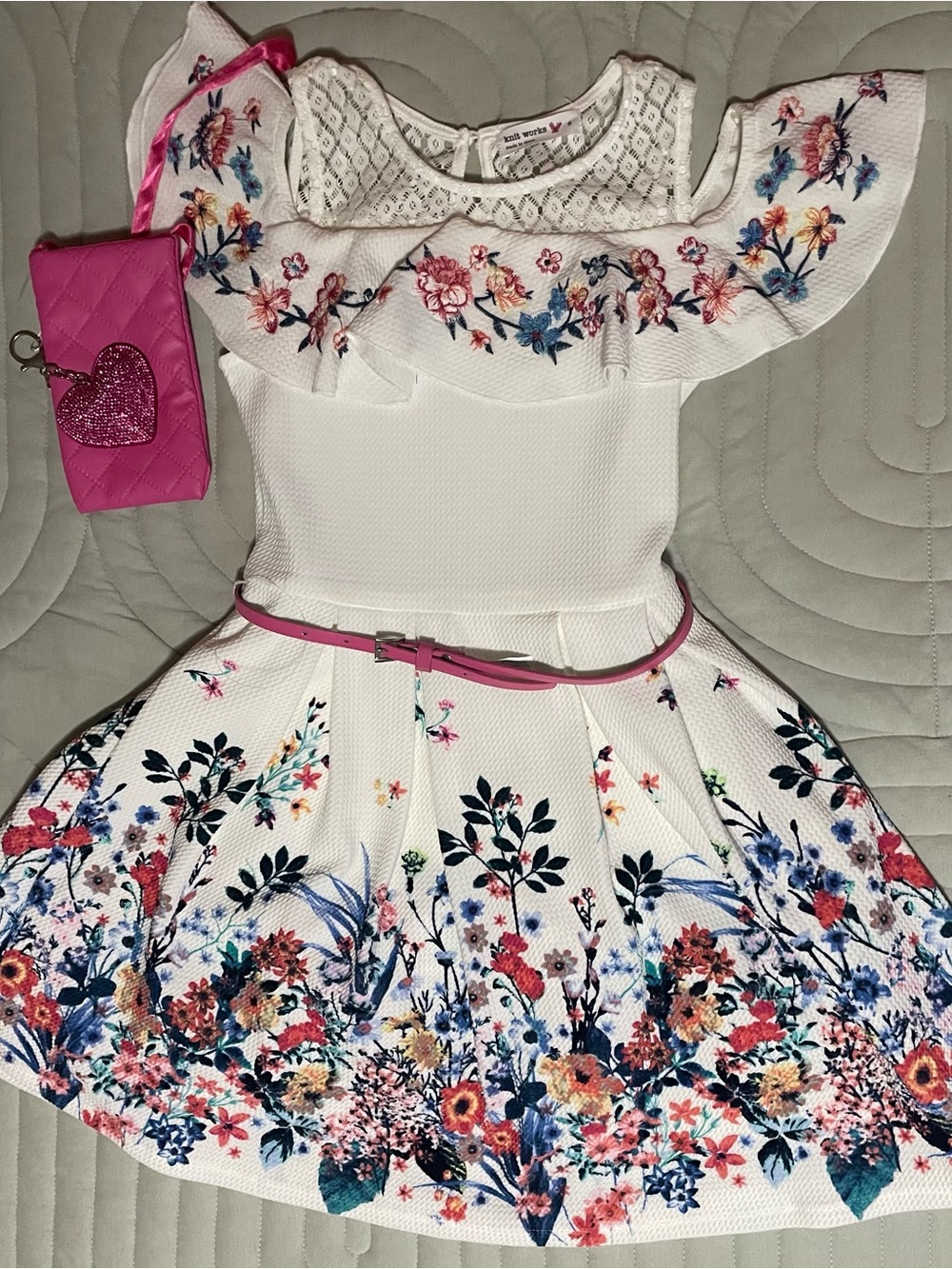 White Floral Ruffle Girls Dress with Pink Belt and Bag